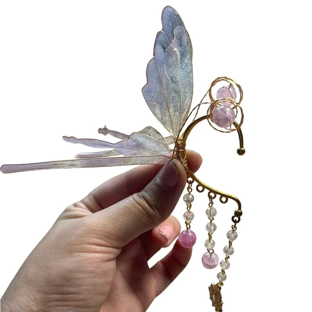 Purple‎ Iridescent Fairy Wing Ear Cuff Gold Tone Dangle Crystal Fantasy Wrap